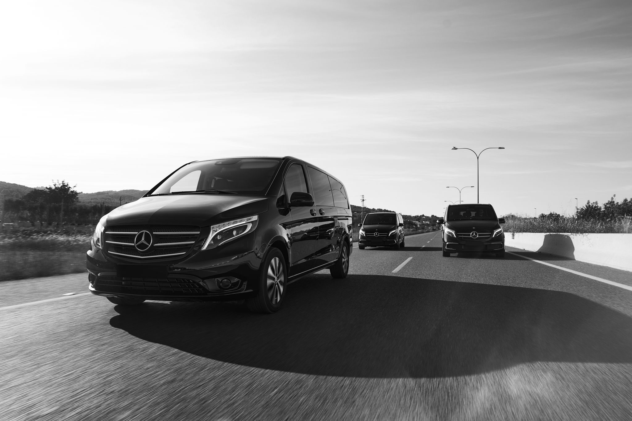 Luxury Mercedes Vans 7 passengers driving in Mallorca road