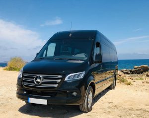 Outer view of an Sprinter Mini Bus in the Mallorca coastline